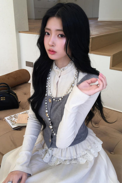 Lace Collar Gray Suit Set-Up