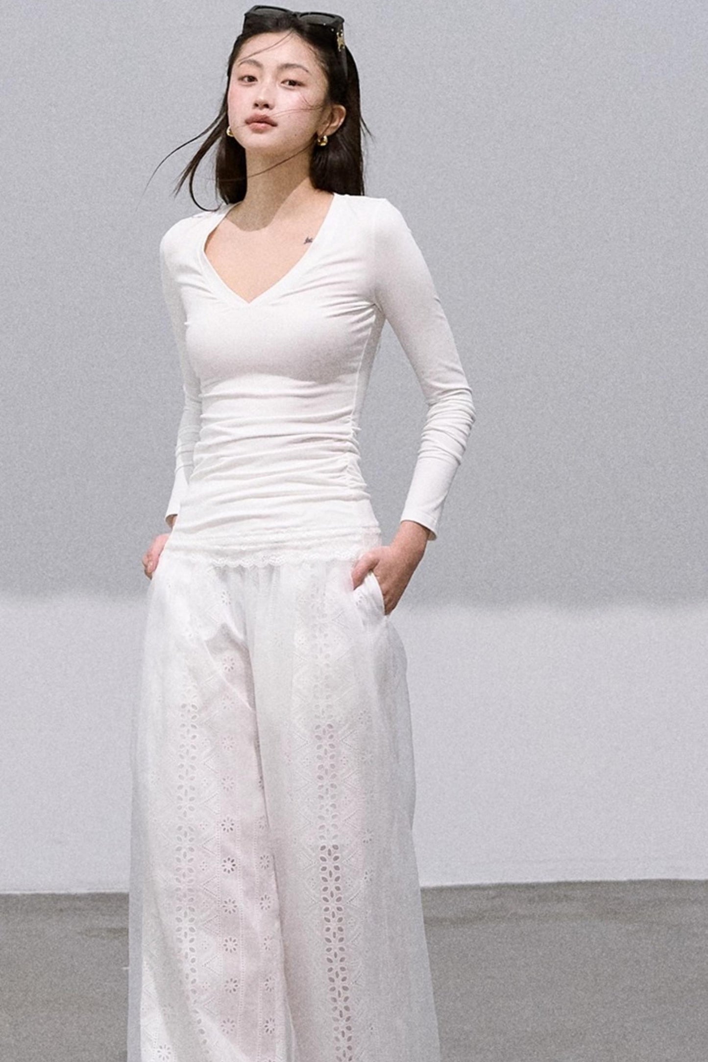 Shimmer Cotton High Waist Wide-Leg Pants