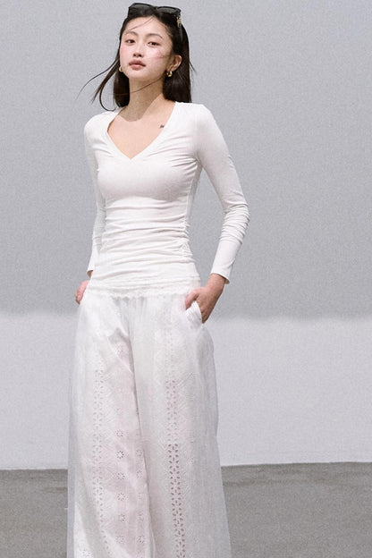 Shimmer Cotton High Waist Wide-Leg Pants