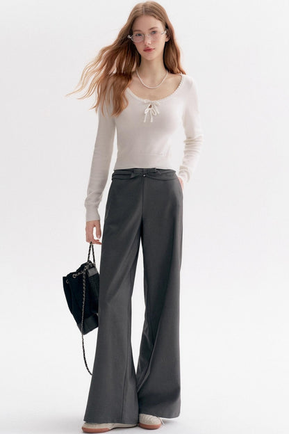 Wool Blend Bow Wide-Leg Pants