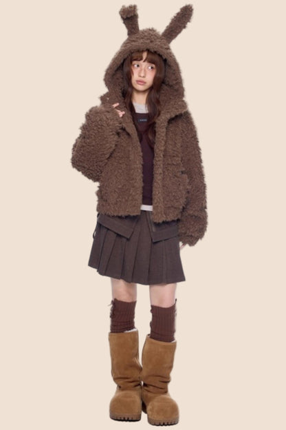 Imitation Wool Hooded Cardigan