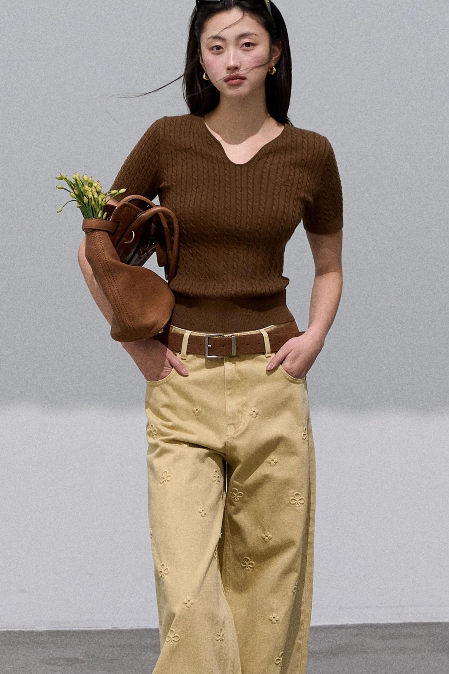 Pure Cotton Embossed High Waist Wide-Leg Jeans