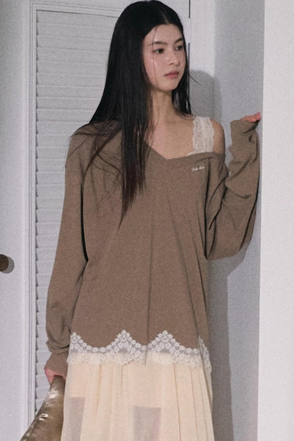 Greenery Lace Slanted Pullover Sweatshirt