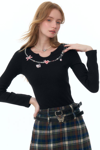 Retro Necklace Print Knitted Shirt