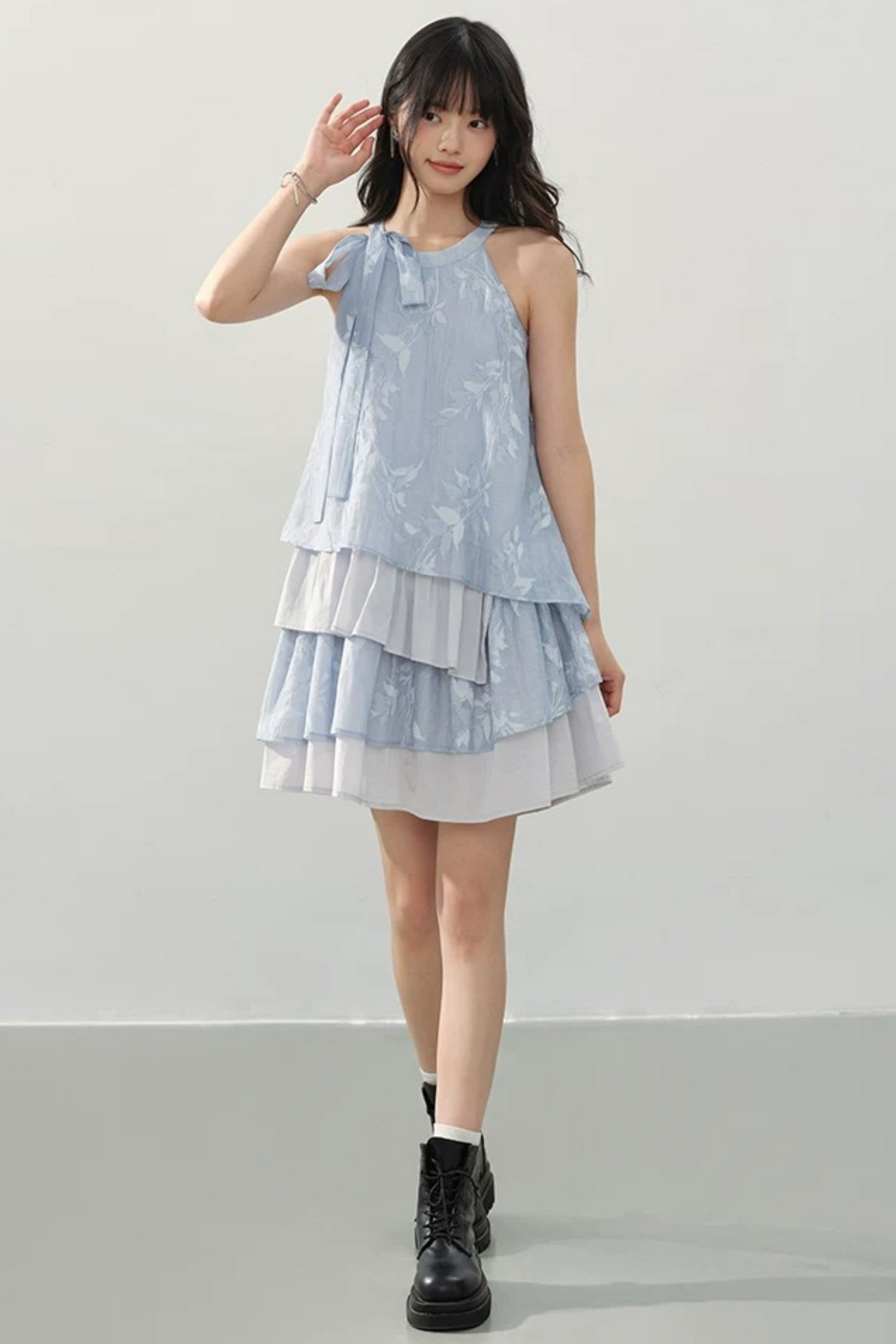 Blue Halter Print Tiered Dress
