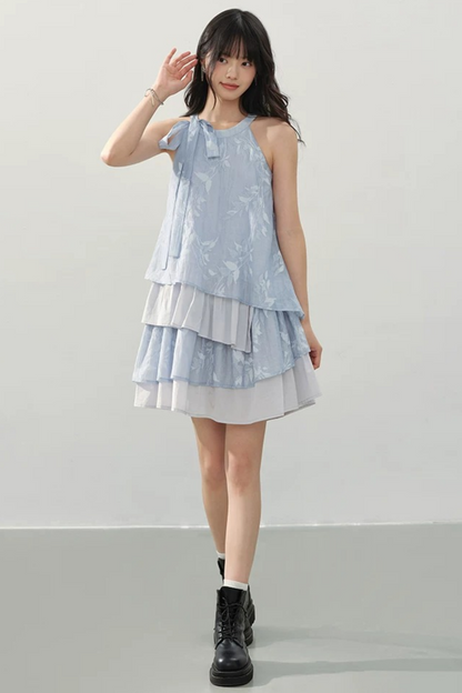 Blue Halter Print Tiered Dress