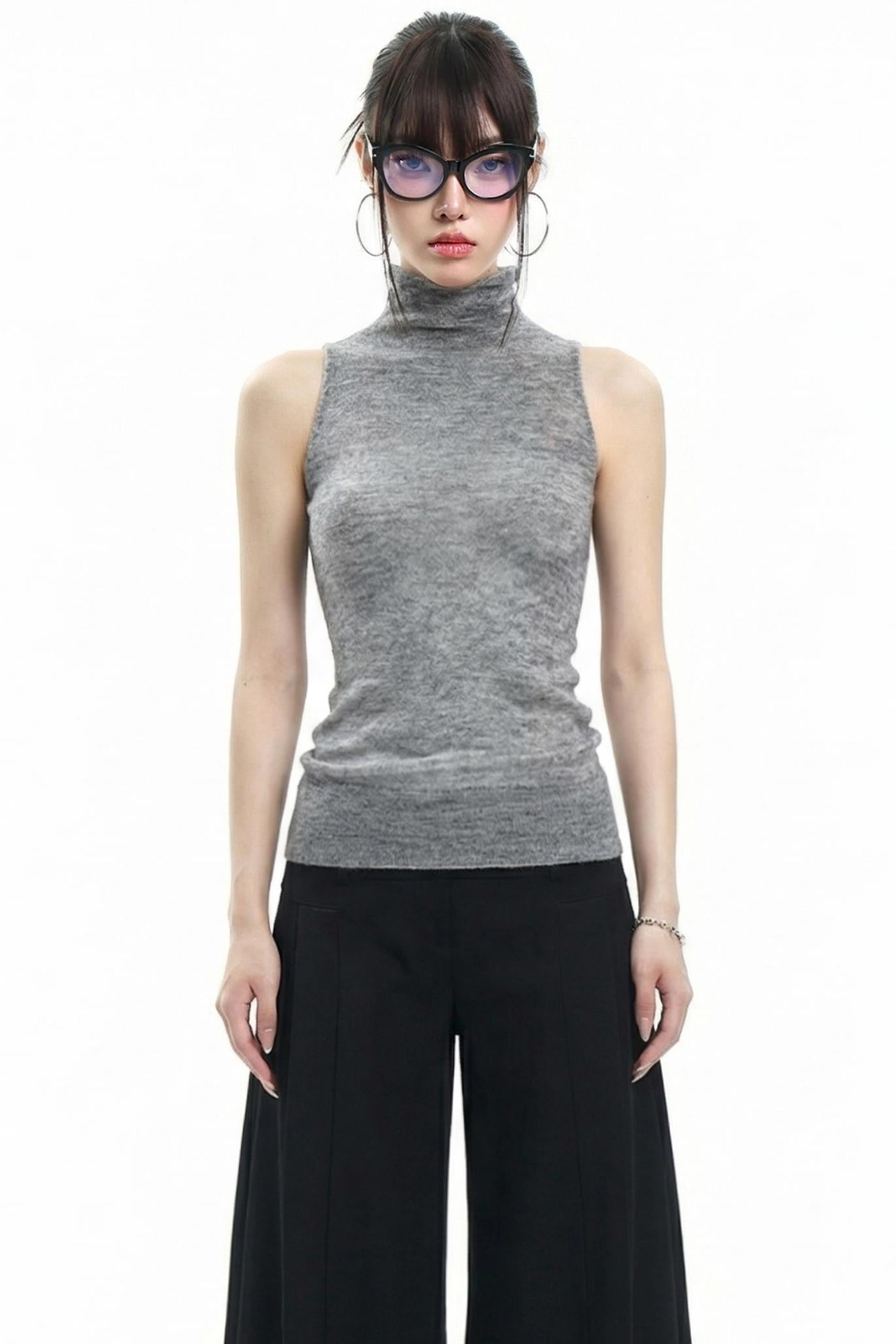 Gray Knitwear V-Neck Vest Set-Up