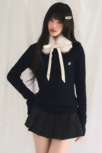 Textured Knit Sweater With Scarf Set