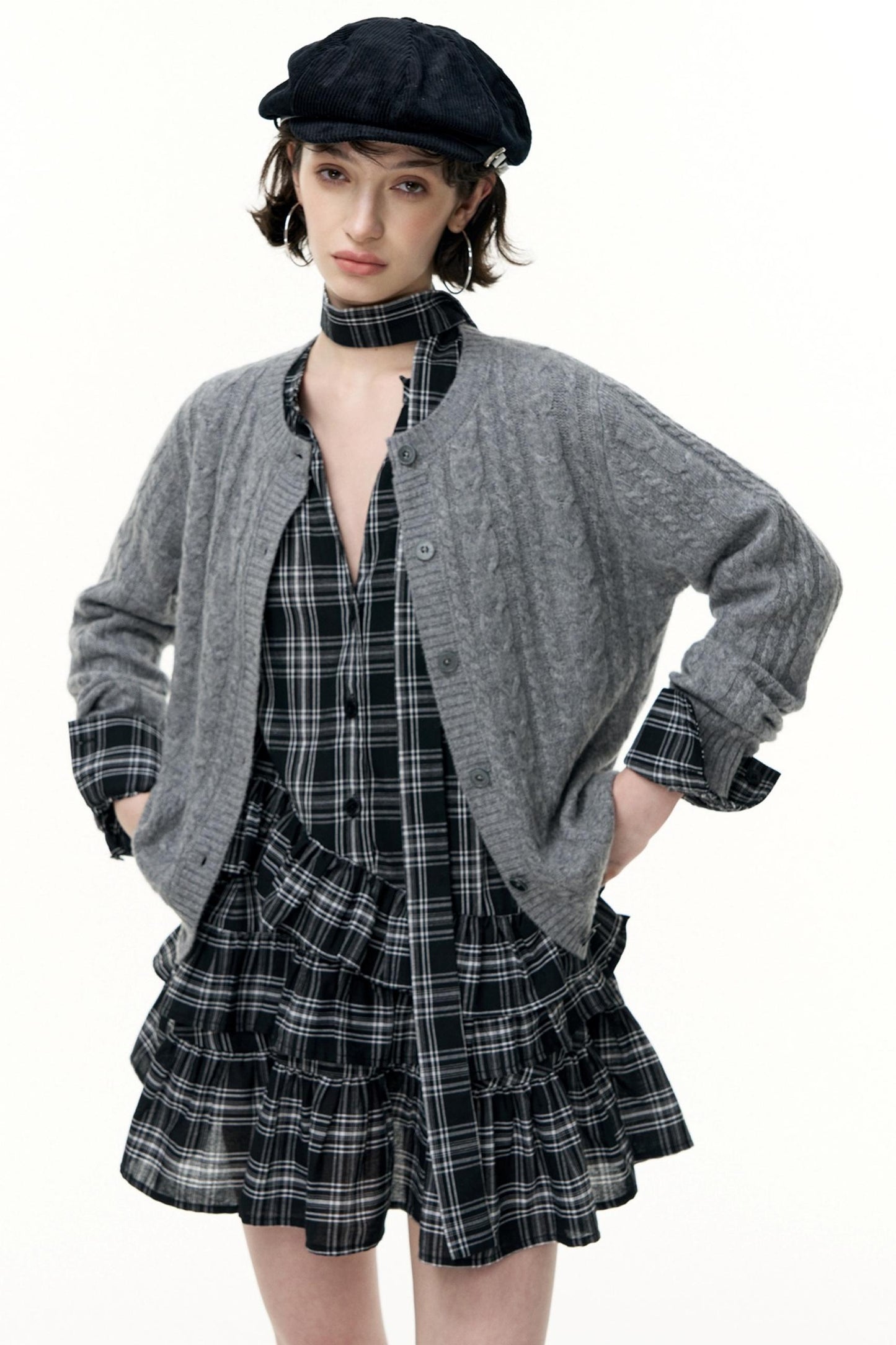 Plaid Ruffle Long Sleeve Shirt Dress