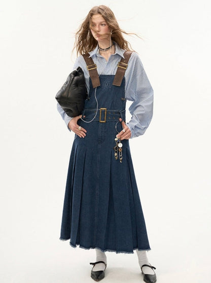 Vintage Denim Pleated Long Bib Dress