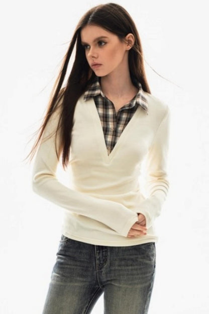 Plaid V-Neck Knit Sweater