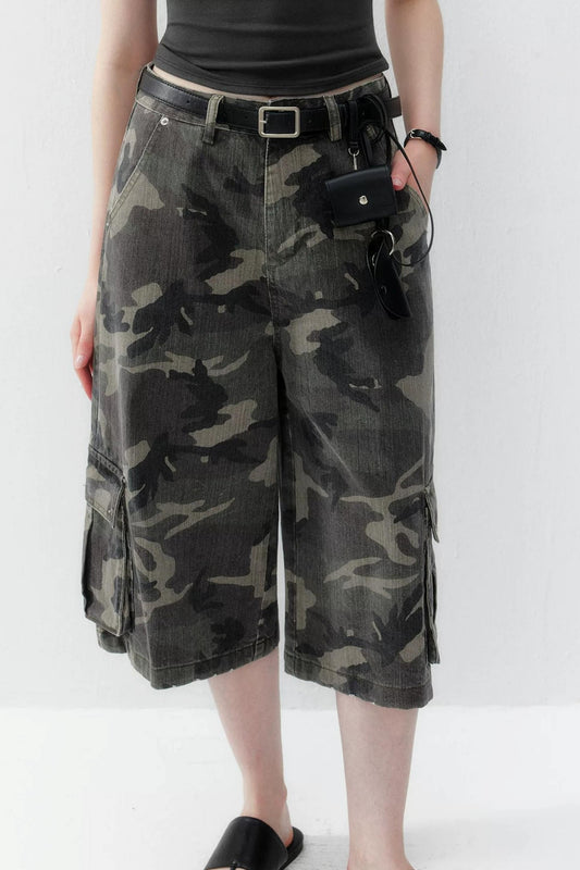 Camouflage Denim Wide-Leg Pants