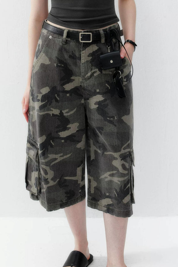 Camouflage Denim Wide-Leg Pants
