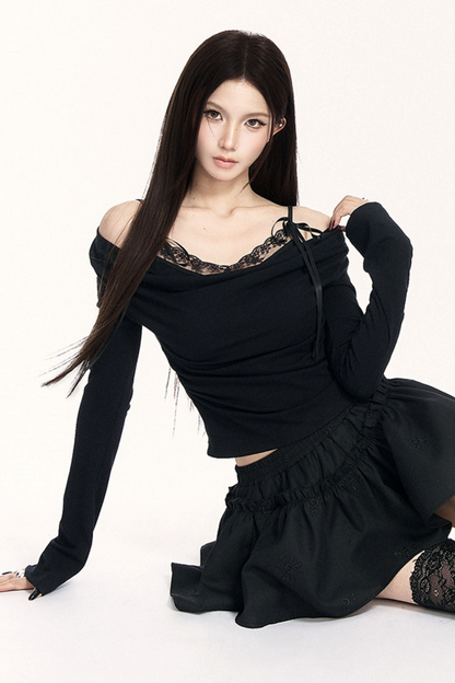 Lace Draped Collar Knitted Top