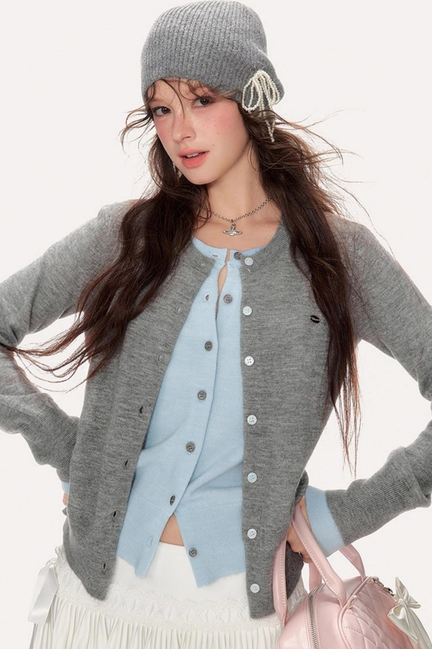 Sweet Girly Contrast Knitted Cardigan