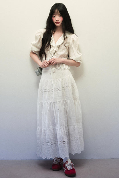 Embroidered Bubble Sleeve Skirt Set-Up