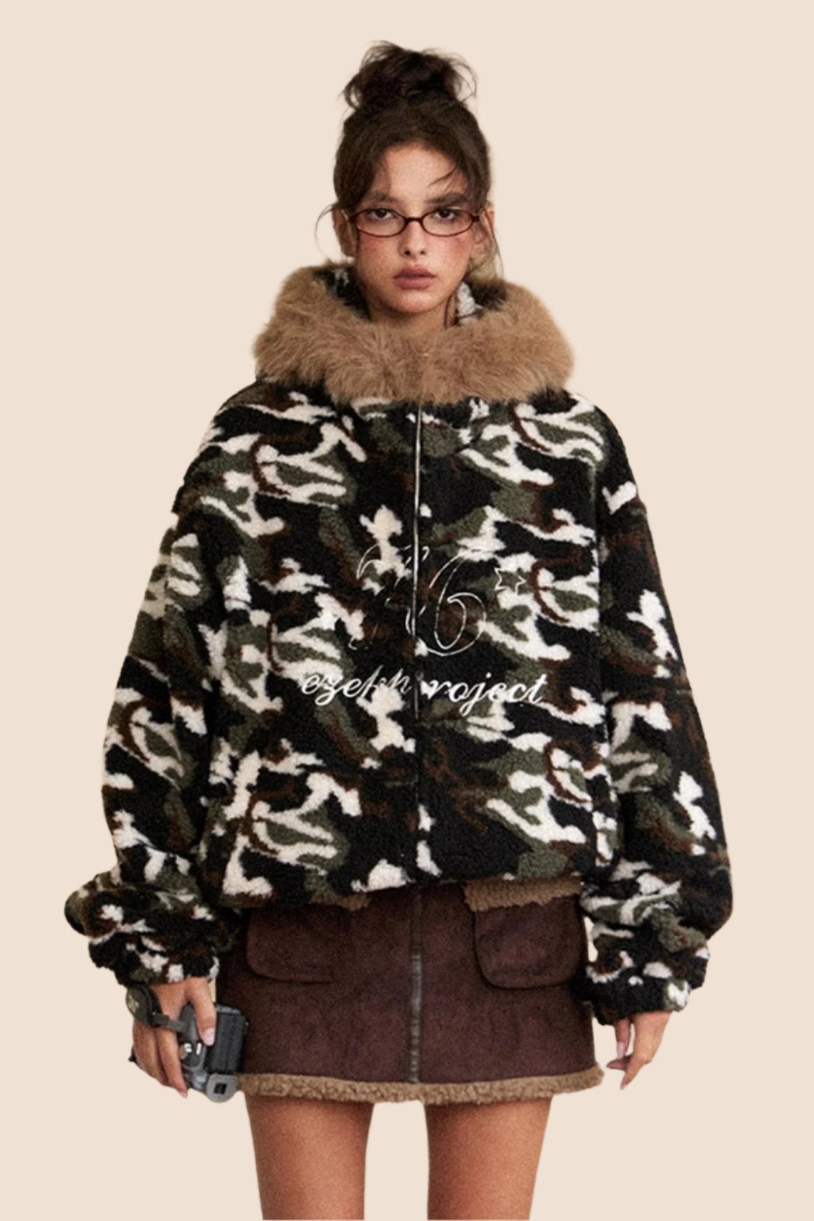 EZEK AMERICAN RETRO FUR COLLAR HOODED CAMOUFLAGE LAMB WOOL COAT WOMEN'S FLEECE THICKENED AUTUMN AND WINTER NEW COTTON CLOTHING TIDE