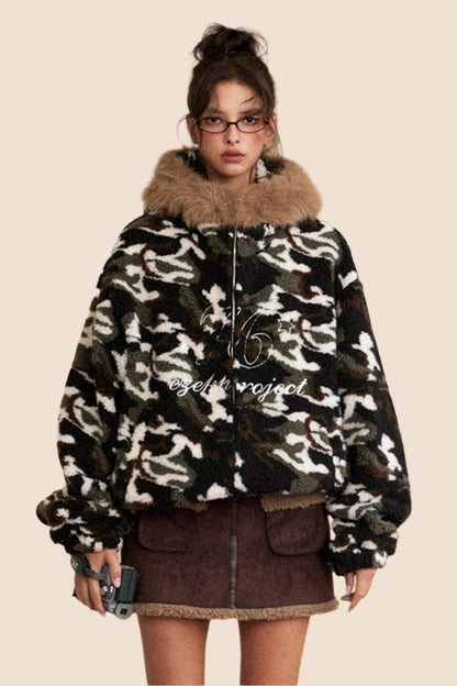 Retro Fur Collar Camouflage Wool Coat