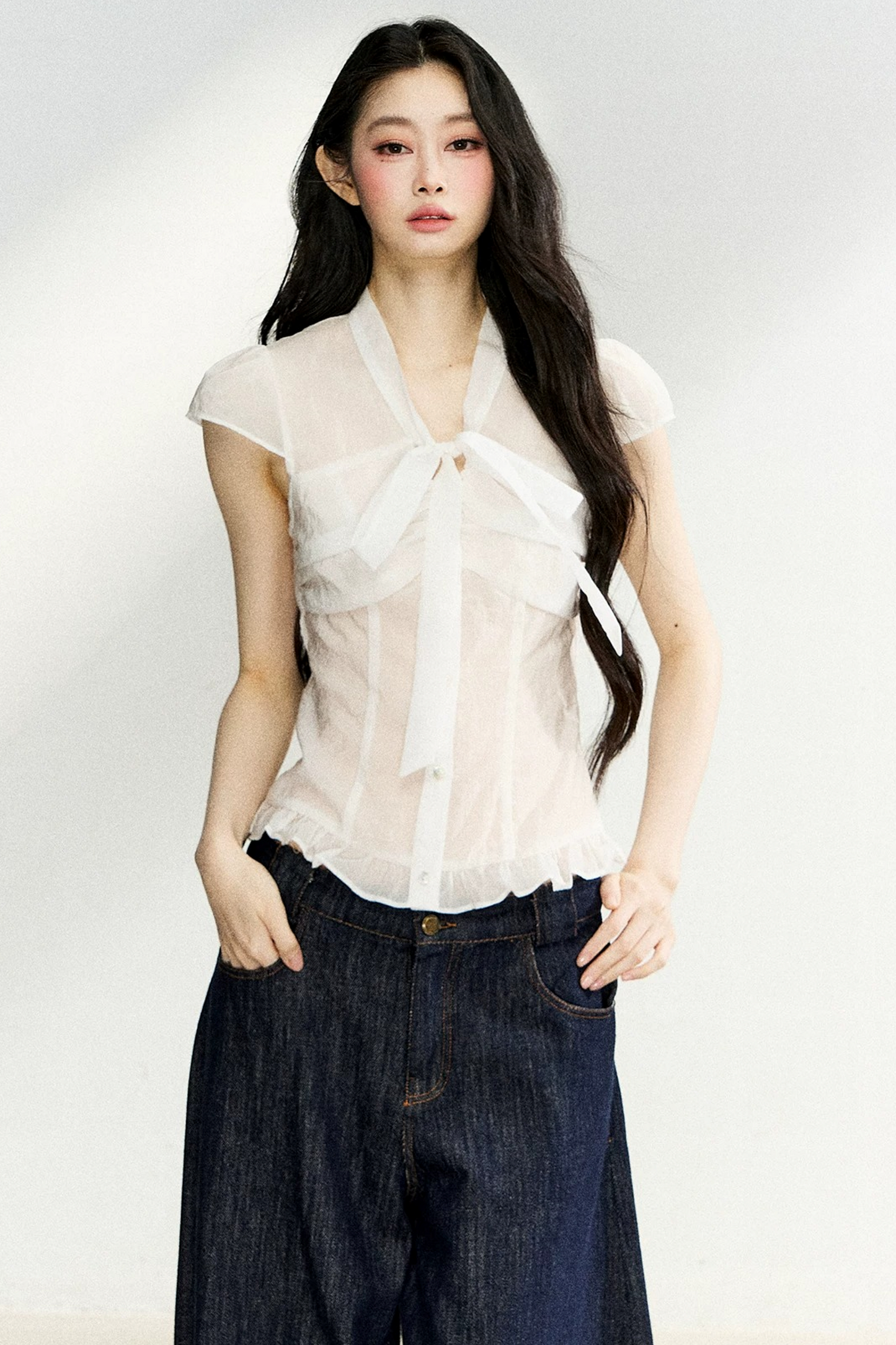 Sheer Bow-Collar Blouse