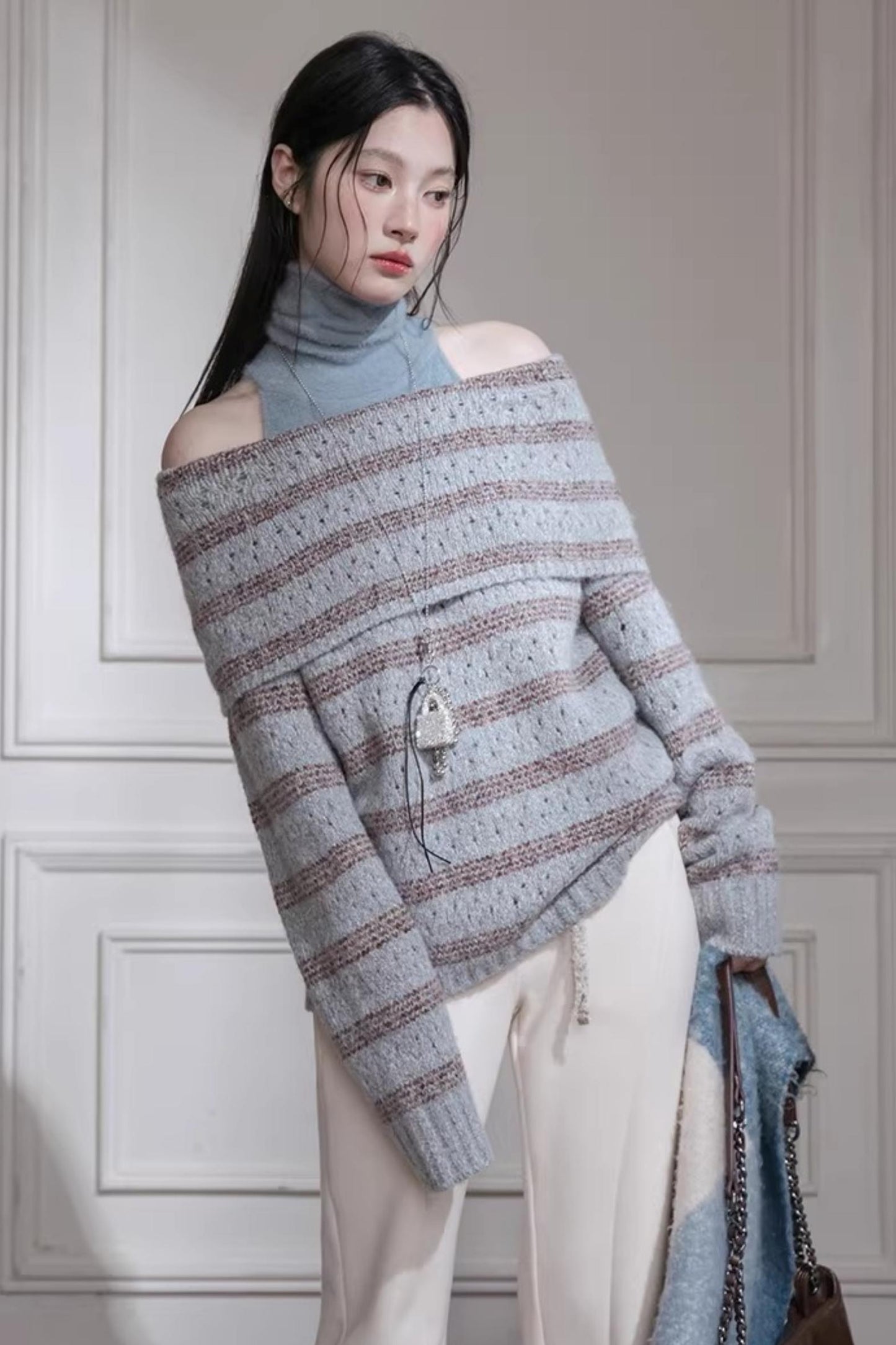 Off-Shoulder Wool Knit Vest Set
