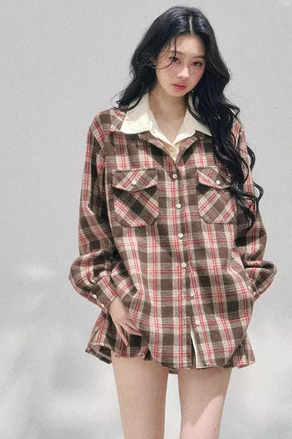 British Cafe Plaid Shirt and Short Skirt Set-Up