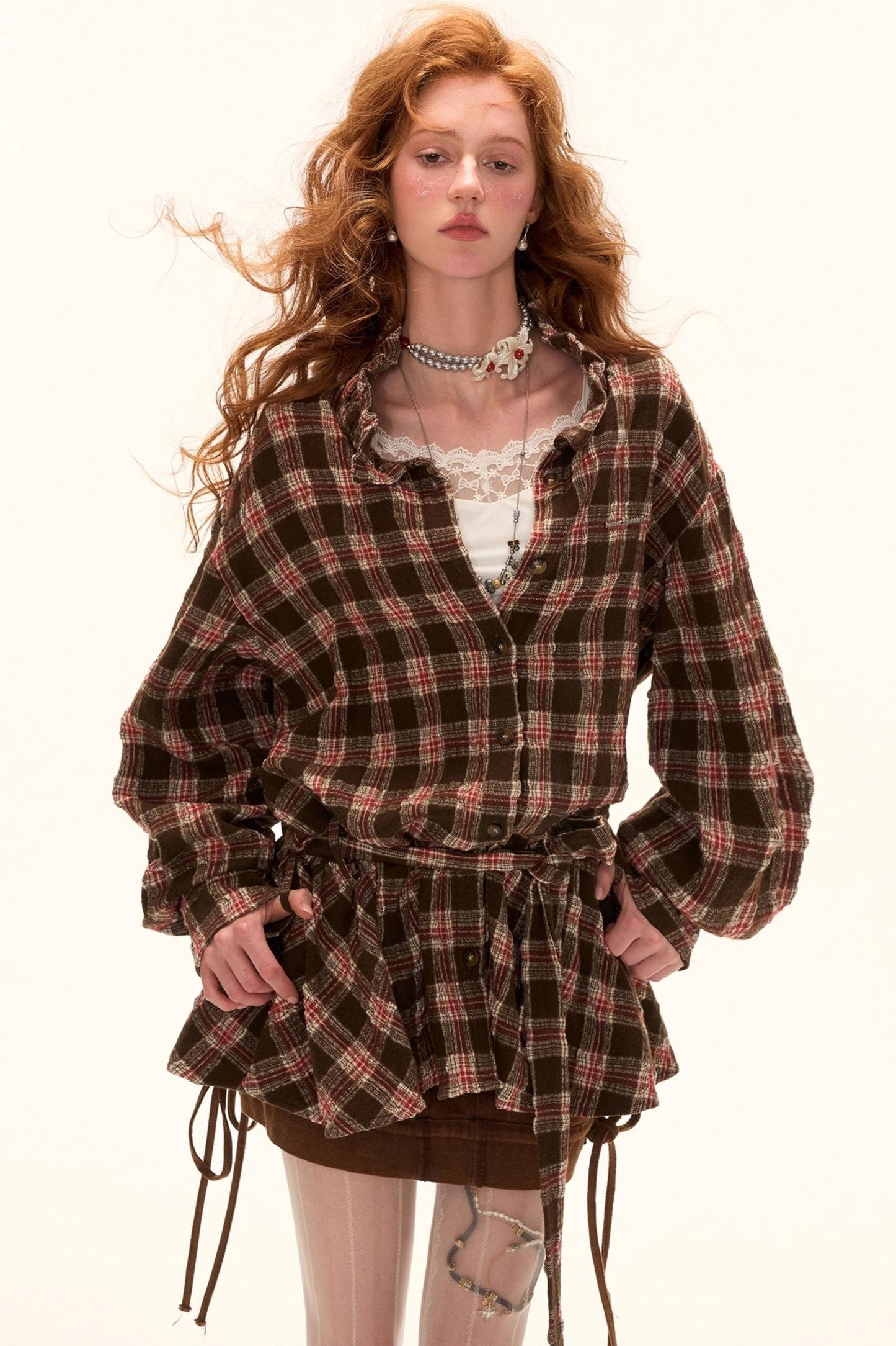 Bow Plaid Shirt Dress