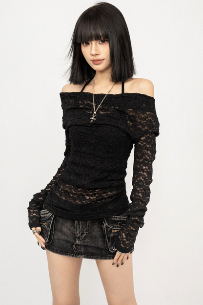 레트로 레이스 오프숄더 탑