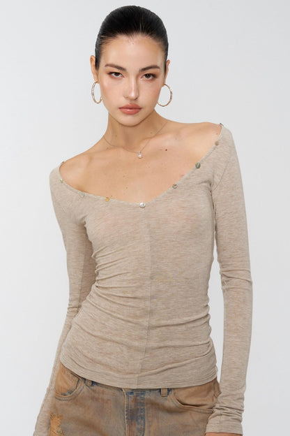 Diamond Khaki V-Neck One-Shoulder Top