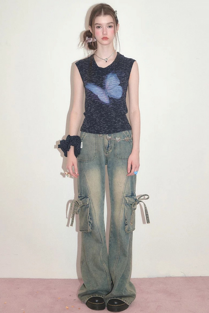 Navy Blue Butterfly Flutter Collar Tank Top