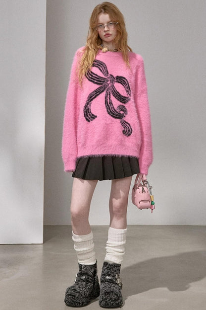 Striped Bow Faux Mink Sweater