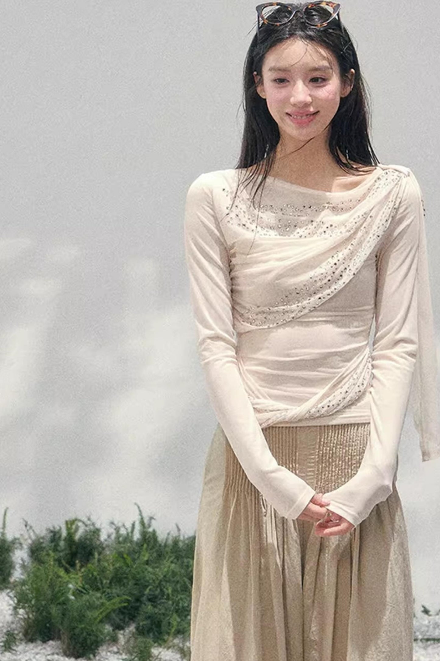 Sheer Rhinestone Slim-Fit Top Set