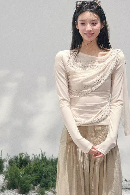 Sheer Rhinestone Slim-Fit Top Set