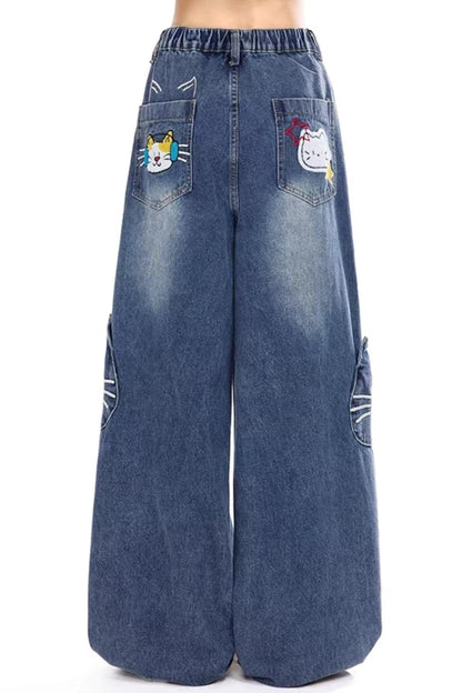 레트로 만화 자수 청바지
