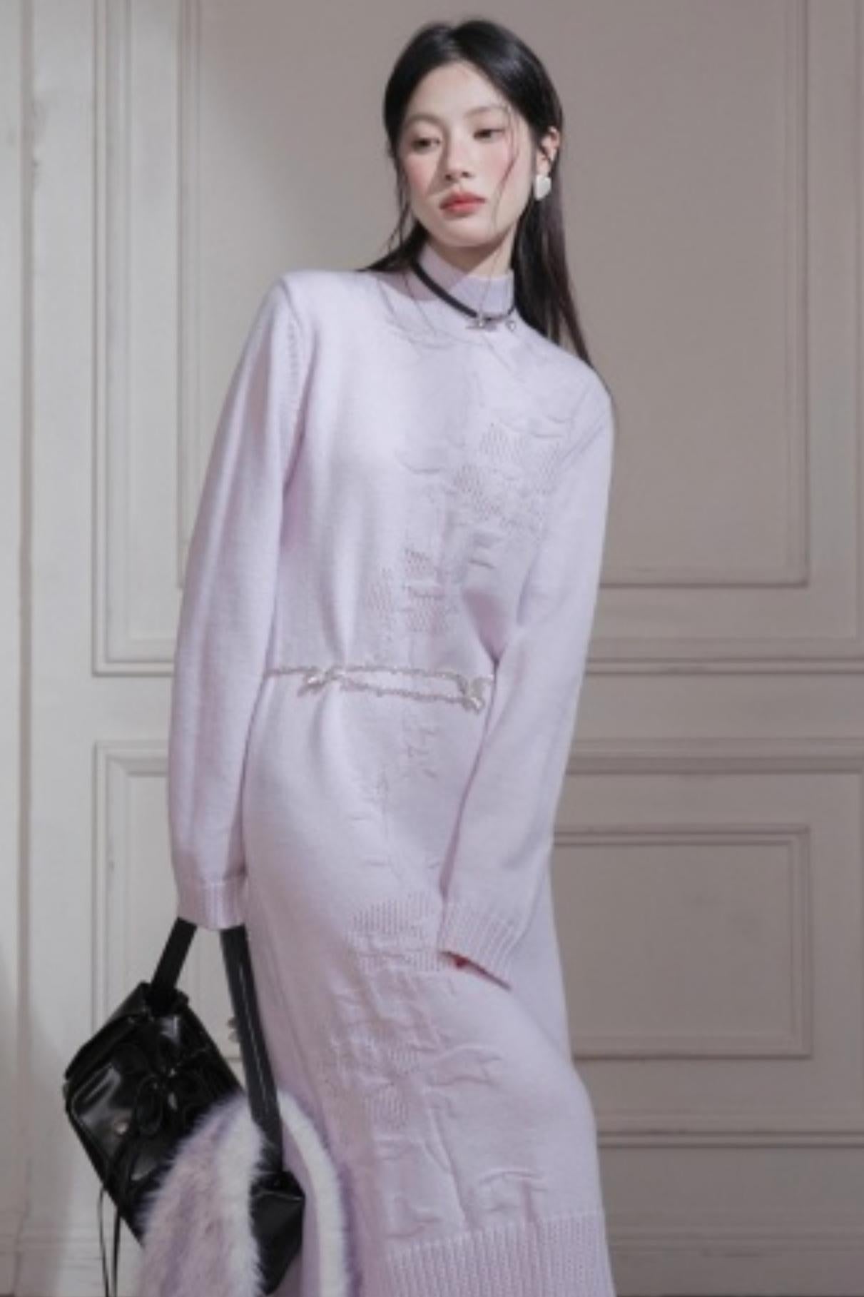 Light Purple Wool Floral Dress Set