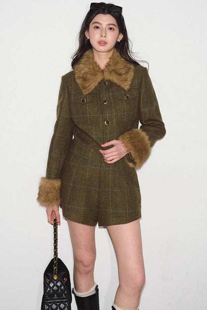 Plaid Fur Collar Jacket Set-Up