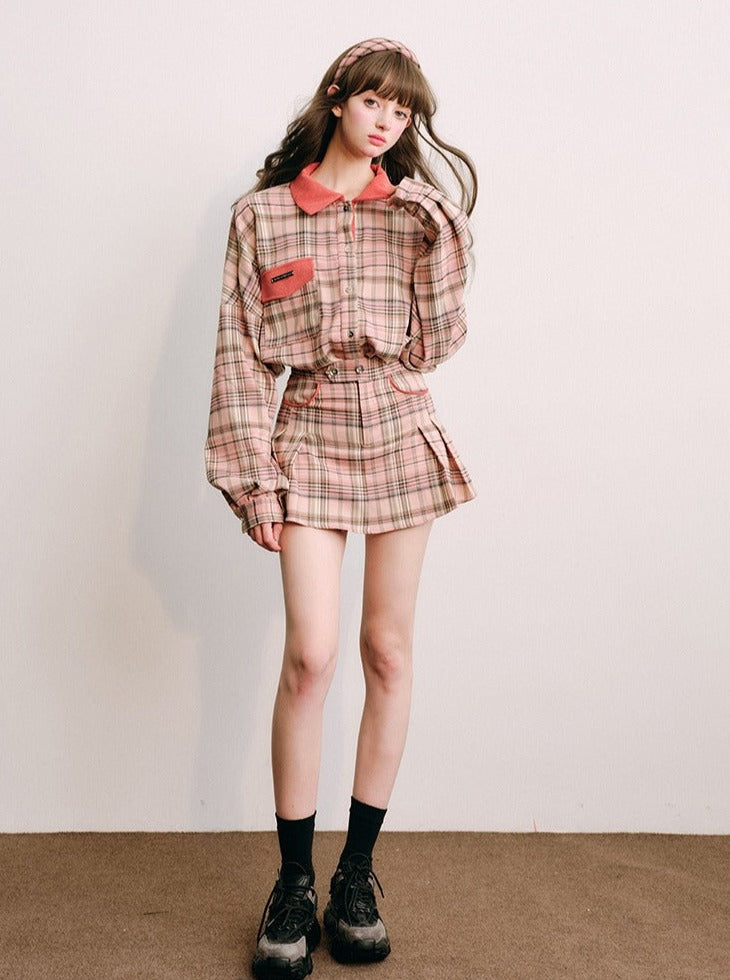 Plaid coat and skirt sets