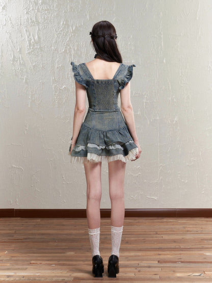 Lace waist fused denim puffy Dress
