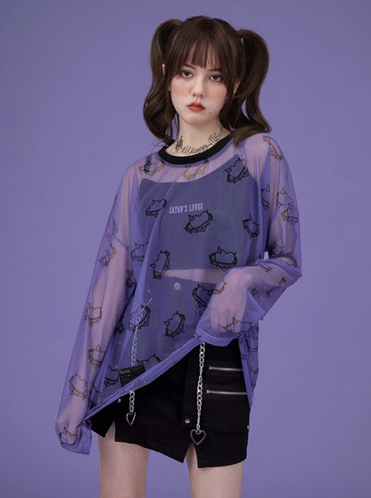 neck printed long-sleeved T-shirt