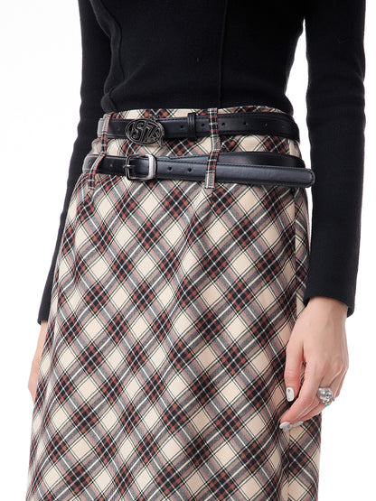 American high-waisted a-line midi plaid skirt