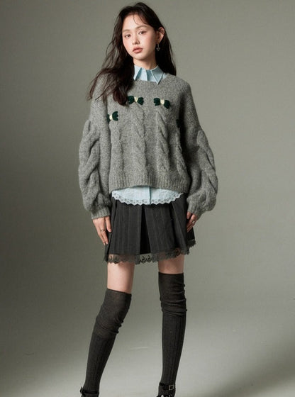 KNIT CREWNECK CABLE BOW SHIRT