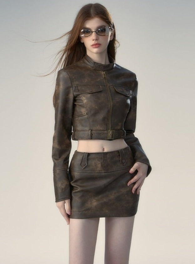 Leather jacket and skirt two-piece Set