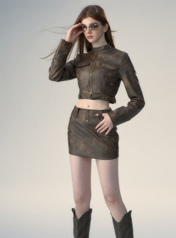 Leather jacket and skirt two-piece set