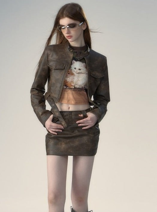 Leather jacket and skirt two-piece set
