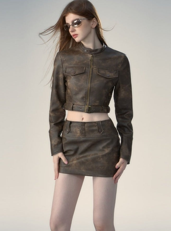 Leather jacket and skirt two-piece Set