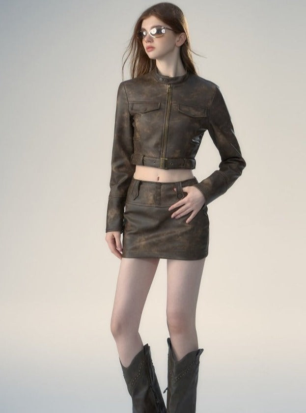 Leather jacket and skirt two-piece set