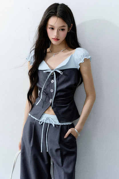 Color-Block Patchwork Top and Pants Set-Up