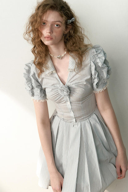 Blue Striped Bubble Sleeve Floral Pleated Dress