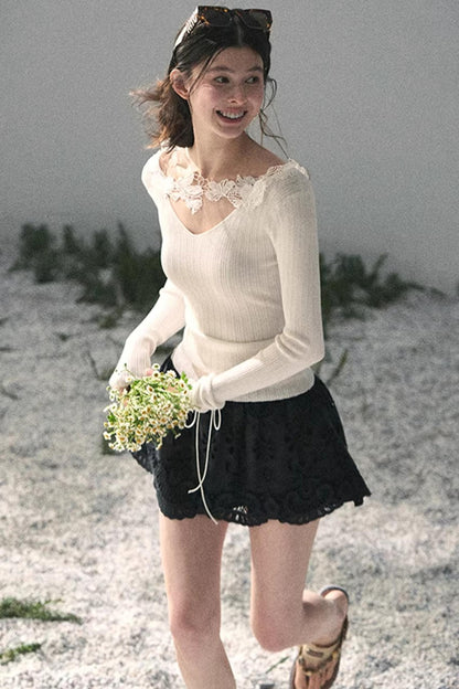 Lace-Trimmed Knitted Top
