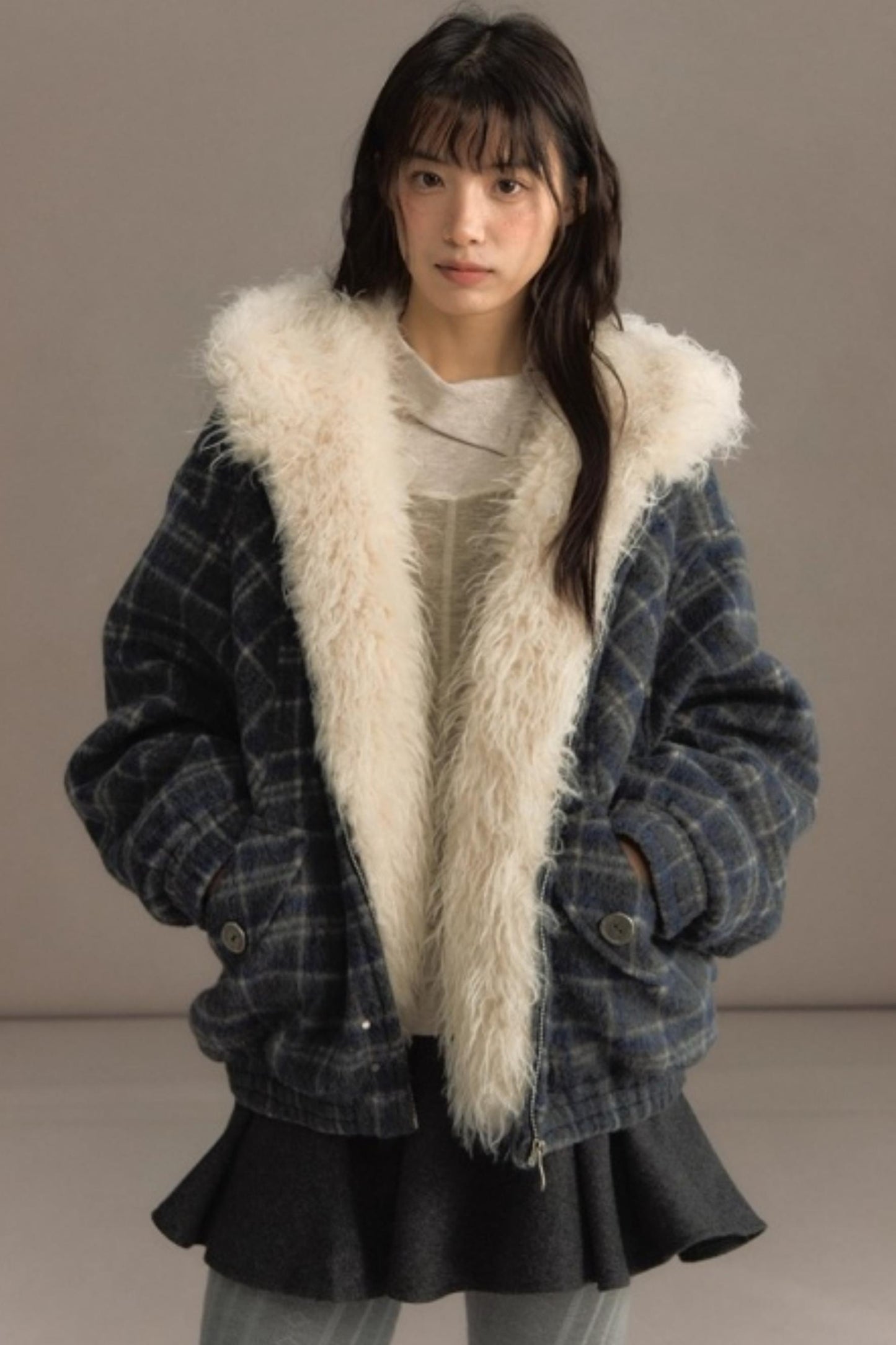 Elk Fur Collar Plaid Woolen Jacket