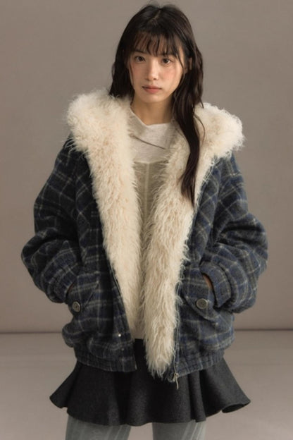 Elk Fur Collar Plaid Woolen Jacket